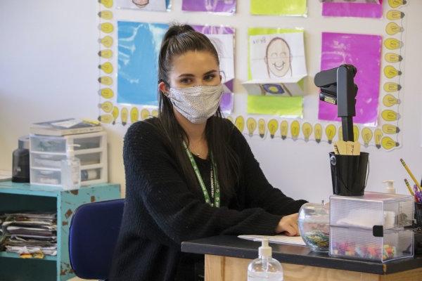 Caitlin George, Teacher Resident, teaching in 3rd grade class.