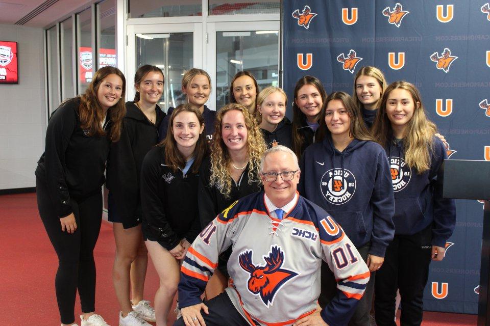 Women's Hockey and President Pfannestiel at Hockey Skills Competition Announcement 091423